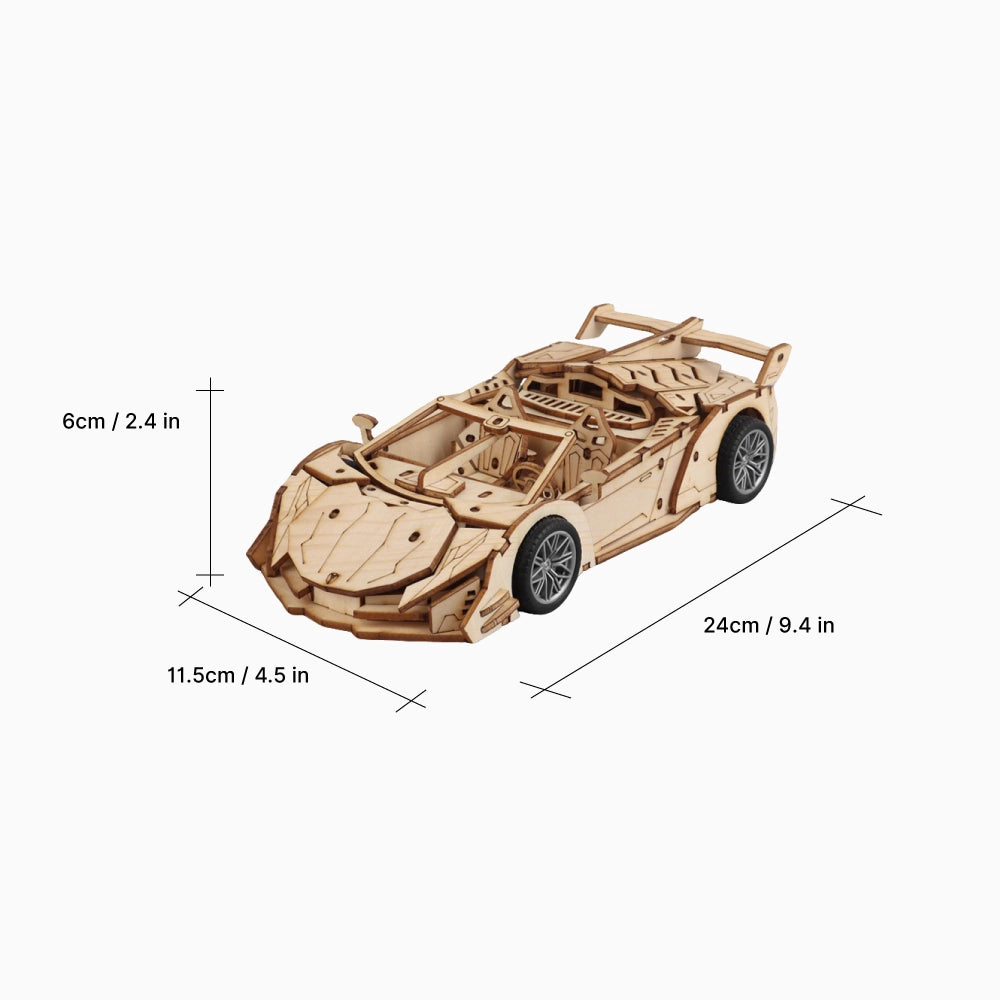 Dimension diagram showing the precise length, width, and height measurements of the completed 3D wooden sports car puzzle.