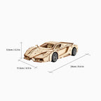 Size chart for the Dilruo wooden supercar model showing dimensions: 24cm length, 11.5cm width, and 5.5cm height.