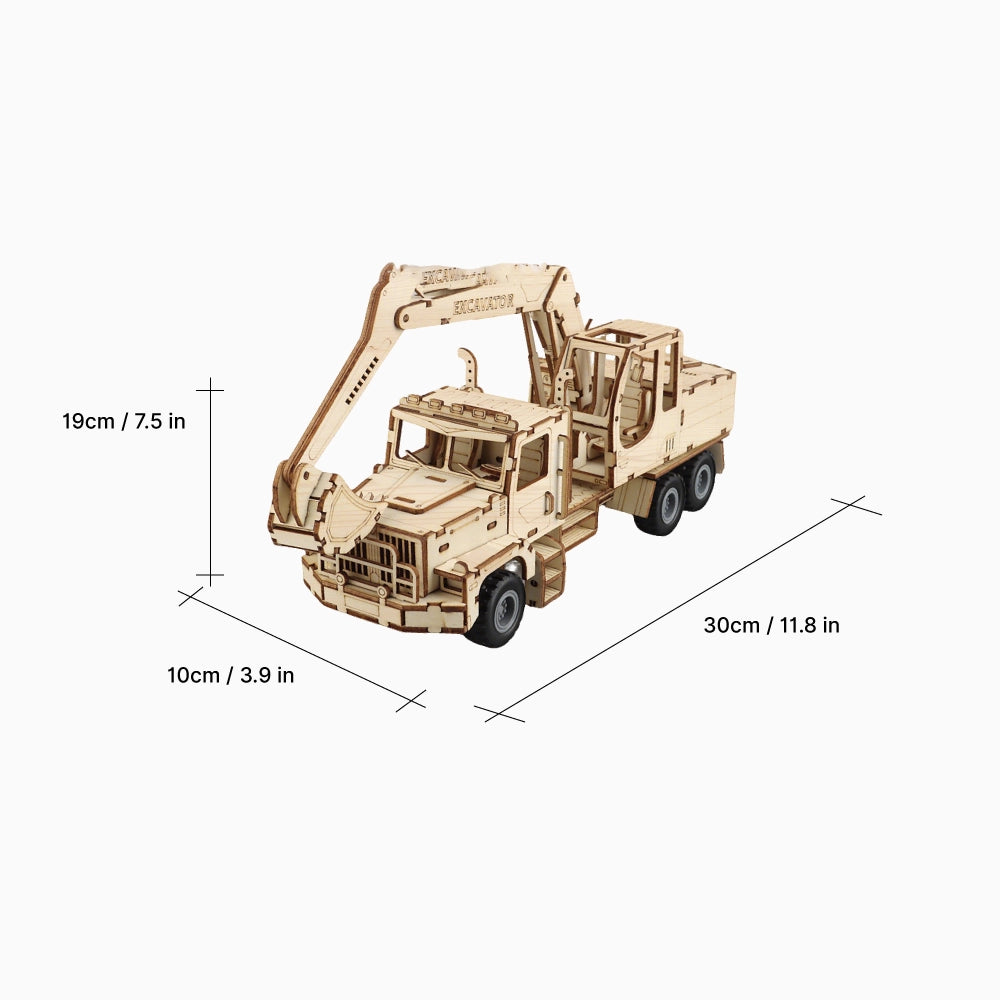 Dimension diagram of the completed wooden excavator puzzle model, indicating a length of 30cm, width of 10cm, and height of 19cm.
