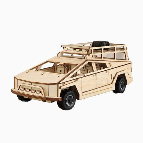 3D wooden puzzle of a futuristic cyber pickup truck model, DIY assembly wood craft kit.