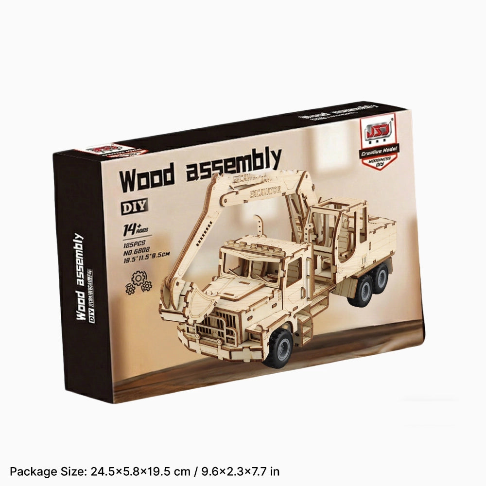 Retail packaging box for the "Wood assembly DIY" excavator kit, showing a product photo