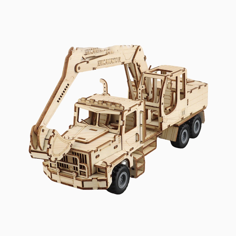 Full view of the assembled 3D wooden puzzle excavator truck model against a neutral background, showcasing its detailed structure.