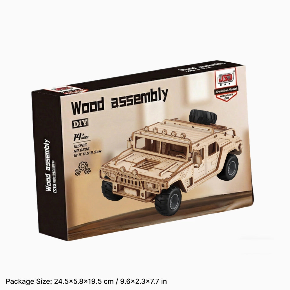 Wood assembly toy vehicle packaging with a model of a military truck on a white background