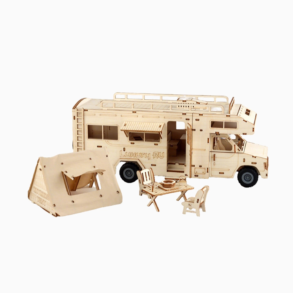 DIY 3D wooden puzzle luxury RV camper van model kit with camping accessories.