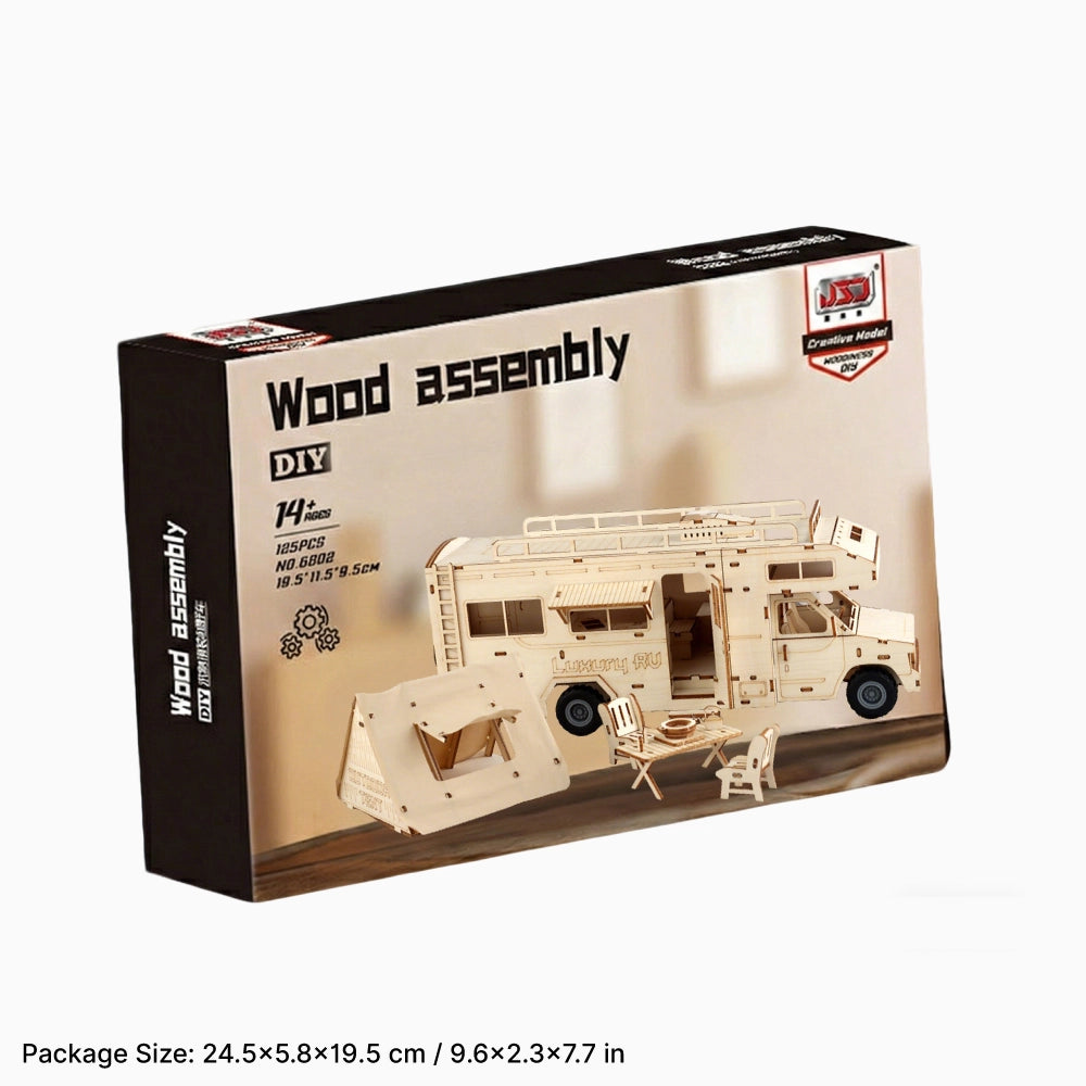 Premium box packaging of the 3D wooden assembly luxury RV for gifting.