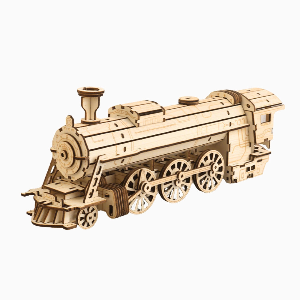 3D wooden puzzle steam locomotive model kit on white background