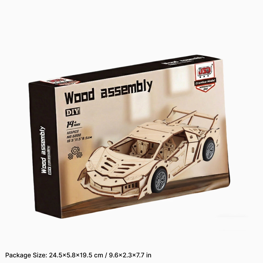 Retail packaging box for the DIY 3D wooden supercar assembly kit, suitable for ages 14 and up, ideal for gift giving.