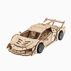 A completed 3D wooden supercar puzzle model kit featuring a sleek aerodynamic design and racing spoiler on a clean white background.