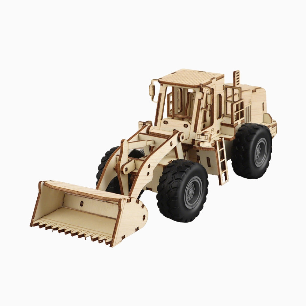 A high-quality, assembled 3D wooden wheel loader puzzle model with intricate mechanical details, isolated on a clean white background.