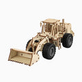 A high-quality, assembled 3D wooden wheel loader puzzle model with intricate mechanical details, isolated on a clean white background.