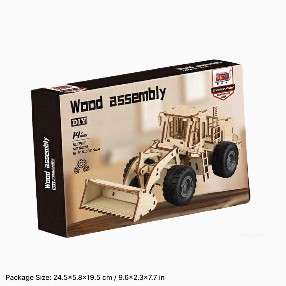 The retail packaging box for the 3D wooden assembly wheel loader, displaying the product image.