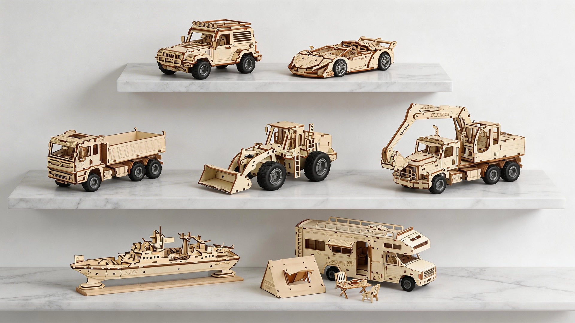 A professional display of 3D wooden puzzles featuring a supercar, heavy-duty truck, cement mixer, and a naval ship, arranged on minimalist white steps with natural sunlight and shadow.
