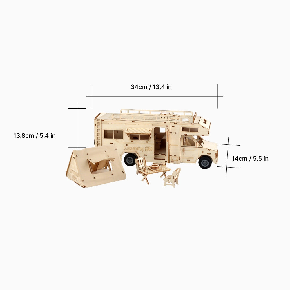 Detailed dimensions of the luxury RV wooden model showing length, width, and height.