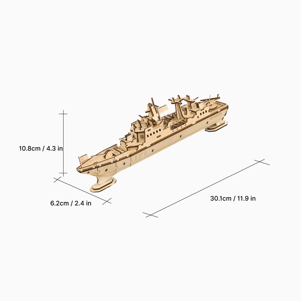 Product dimensions of the 3D wooden ship puzzle: 30.1cm length, 10.8cm height