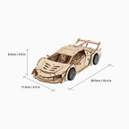Size chart for the 3D wooden supercar puzzle showing finished dimensions: 26.5cm (10.4 in) length, 11.5cm (4.5 in) width, and 6.5cm (2.6 in) height.