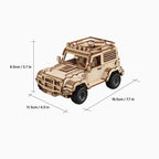 Technical infographic showing the specific length, width, and height measurements of the fully assembled wooden SUV model.