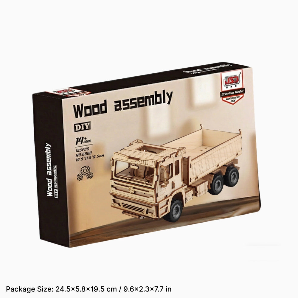 Premium gift packaging for Dilruo 3D wooden assembly model, featuring a DIY dump truck kit suitable for ages 14 and up.