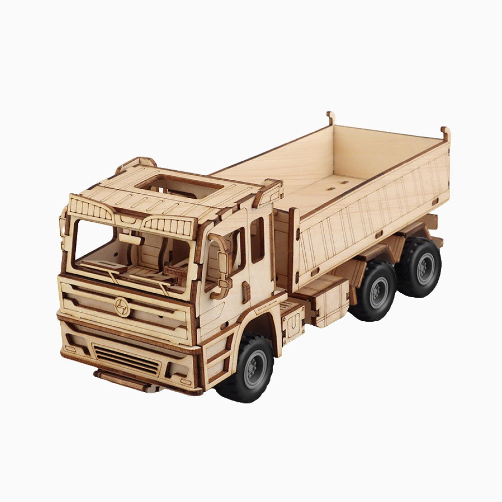 High-precision Dilruo 3D wooden puzzle of a heavy-duty dump truck featuring intricate mechanical details and realistic wooden textures on a clean white background.