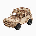 High-detail 3D wooden puzzle of an off-road SUV featuring a roof rack with luggage and rugged tires on a clean background.