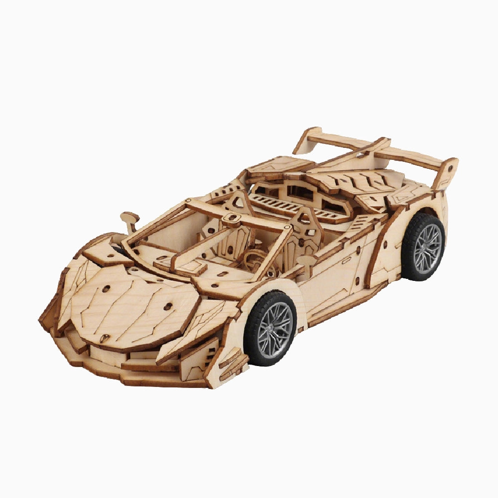 A detailed 3D wooden sports car puzzle model, fully assembled from laser-cut plywood, showing a sleek supercar design.