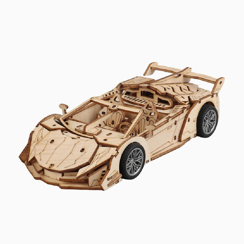 A detailed 3D wooden sports car puzzle model, fully assembled from laser-cut plywood, showing a sleek supercar design.