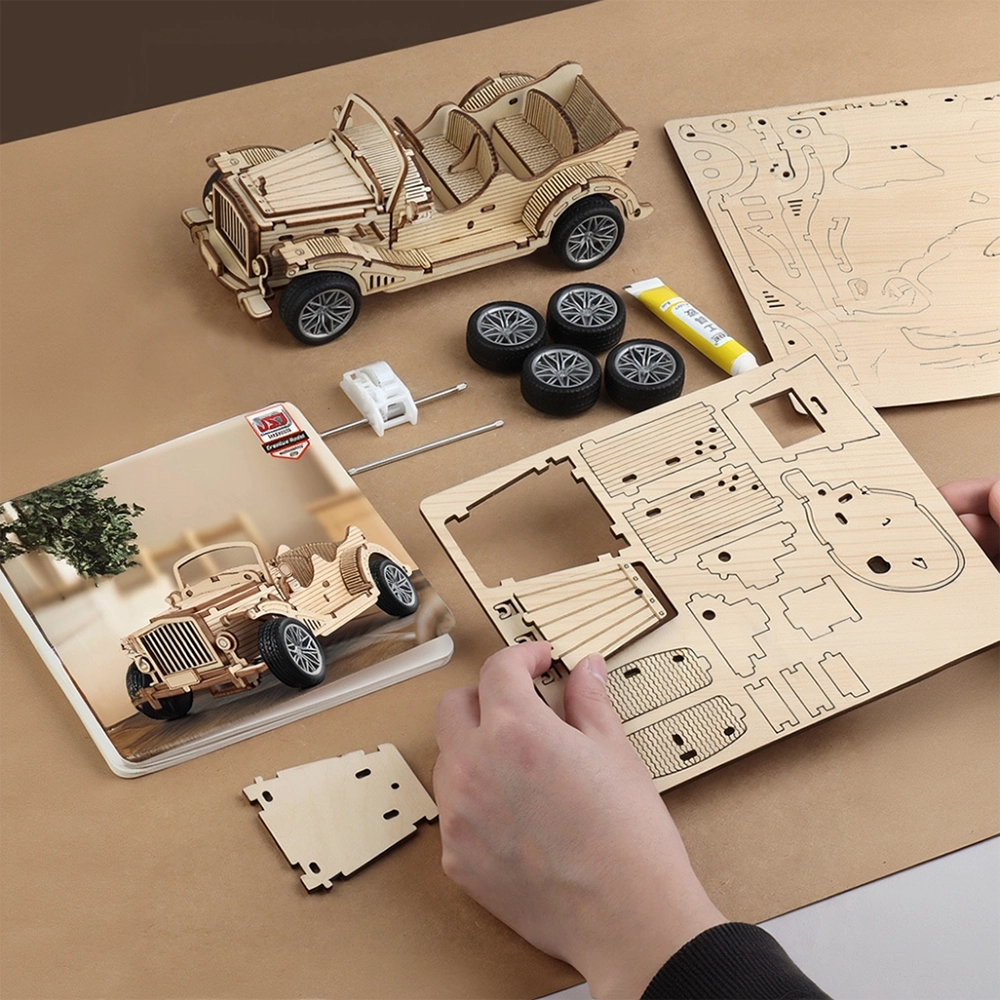 DIY assembly process of a vintage 3D wooden car puzzle showing laser-cut wood sheets and the finished model.