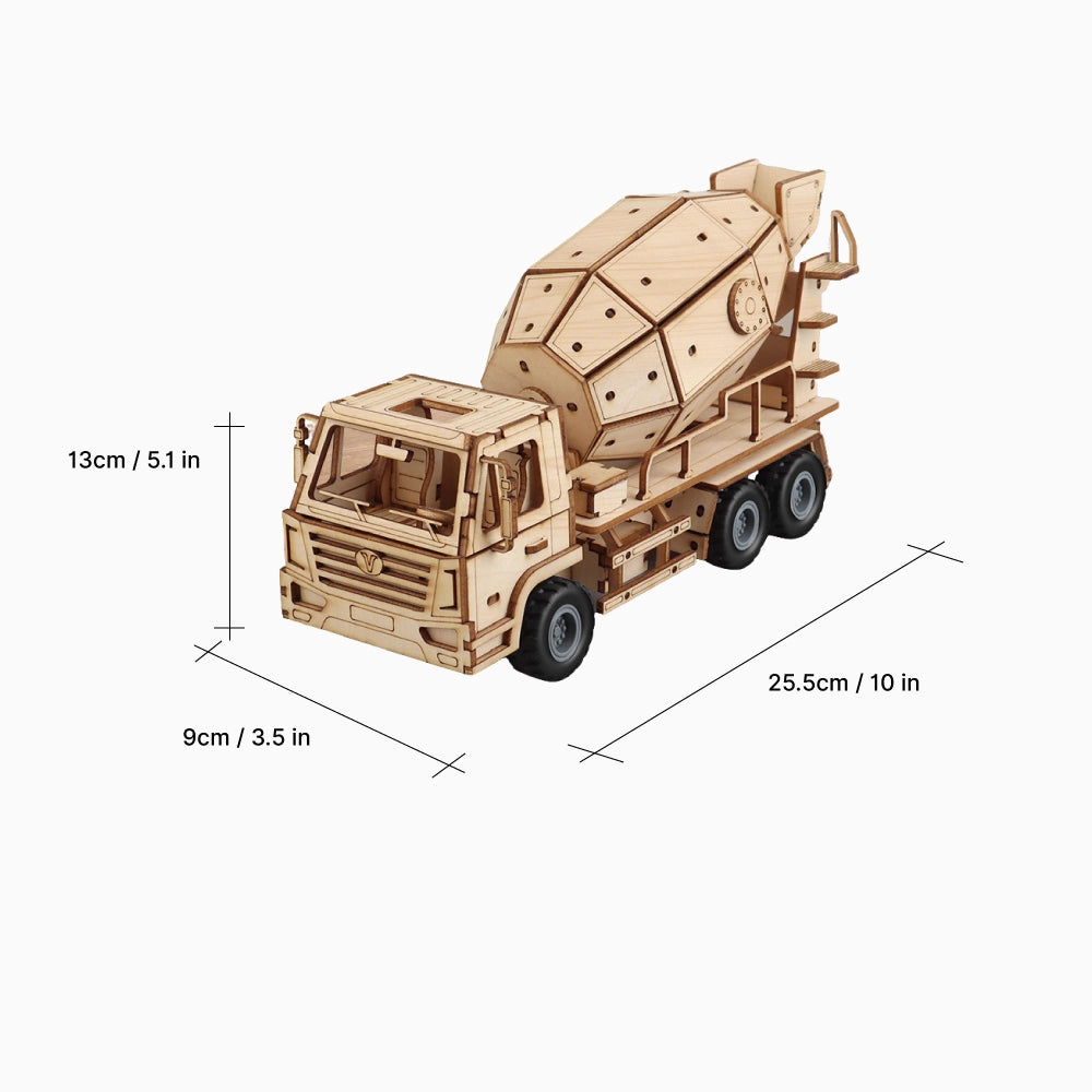 Dimensional diagram of the Dilruo 3D wooden cement mixer truck showing a length of 25.5cm, height of 13cm, and width of 9cm for the completed model.
