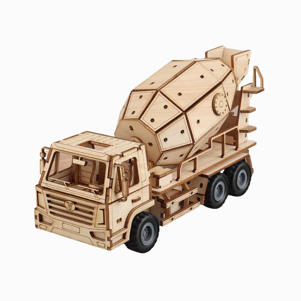 A high-quality Dilruo 3D wooden puzzle of a mechanical cement mixer truck, featuring intricate laser-cut details and a realistic construction vehicle design.
