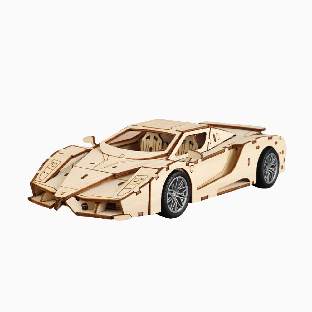 A detailed 3D wooden puzzle of a supercar featuring a sophisticated simulated mechanical structure and sleek aerodynamic design by Dilruo.
