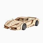 A detailed 3D wooden puzzle of a supercar featuring a sophisticated simulated mechanical structure and sleek aerodynamic design by Dilruo.