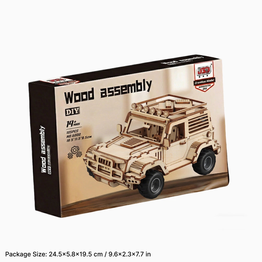 The premium flat-packed box packaging for the DIY off-road SUV wooden puzzle kit, showcasing the product design.