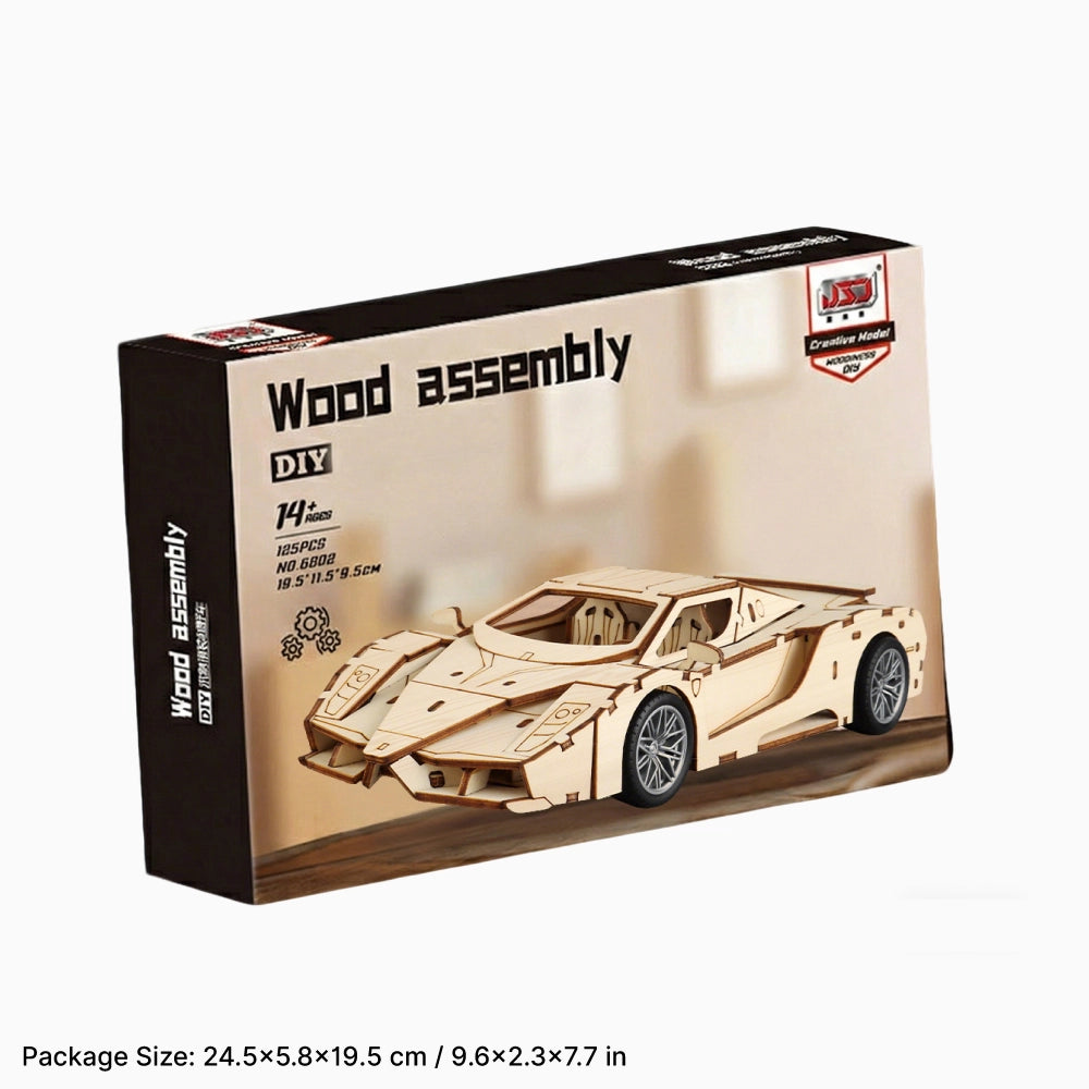 Retail packaging box for the DIY 3D wooden supercar assembly kit, suitable for ages 14 and up, ideal for gift giving.