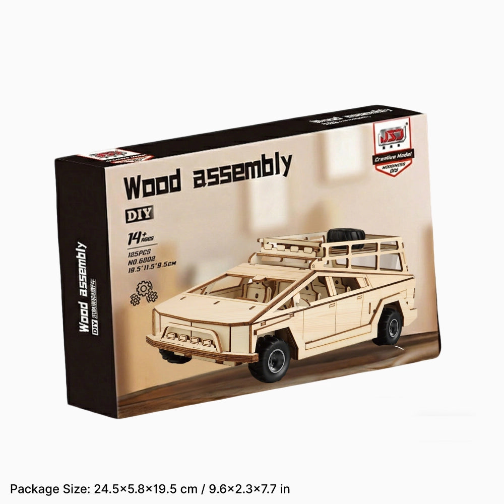 Product packaging for the DIY wooden assembly cyber pickup truck, suitable for gifting.
