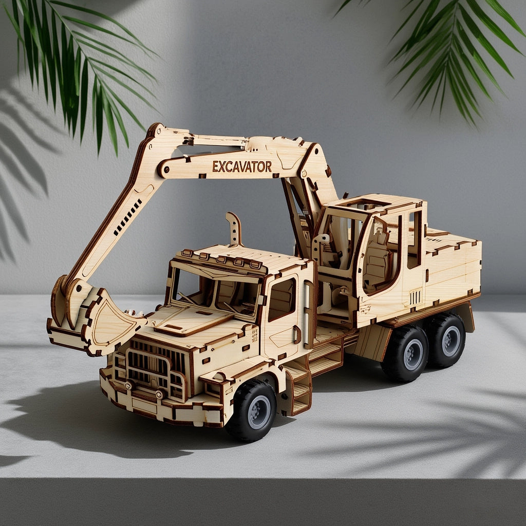 The finished DIY wooden excavator truck model displayed on a modern grey surface with soft plant shadows, illustrating its use as home or office decor.