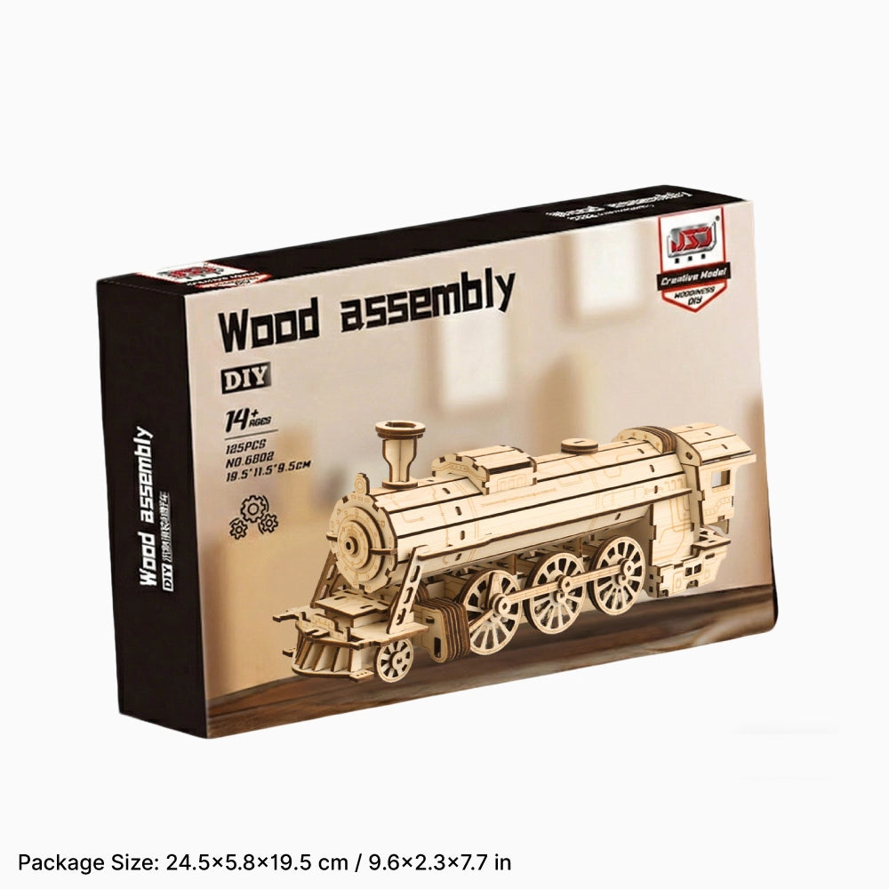 Product packaging for the DIY wood assembly locomotive kit