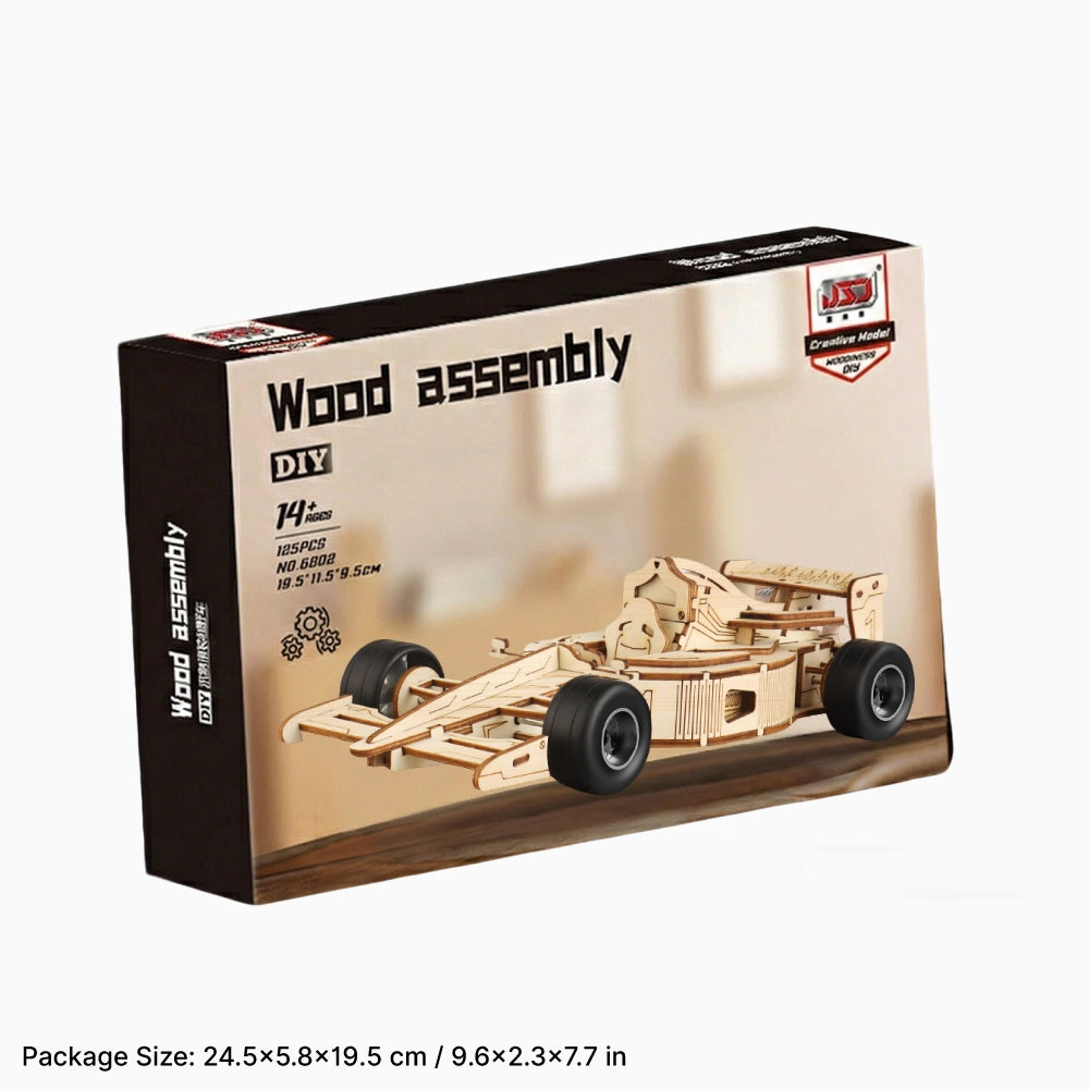 The retail packaging box for the DIY wooden F1 racing car kit, suitability for ages 14 and up.