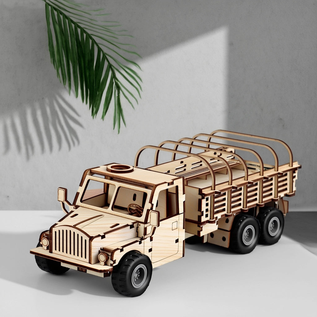 Aesthetic 3D wooden army truck model displayed on a desk as home decor