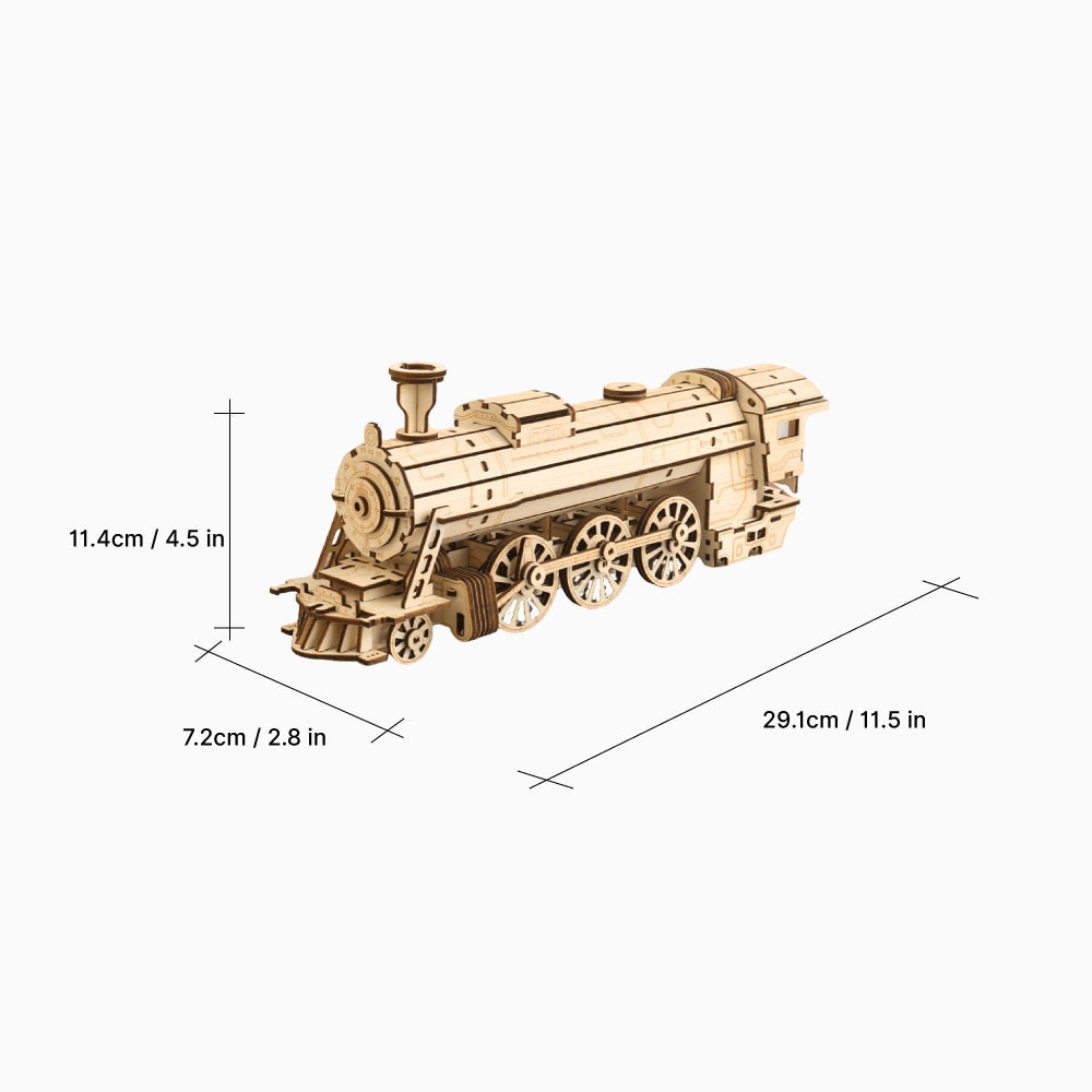 Measurement chart showing the 29.1cm length of the assembled wooden train