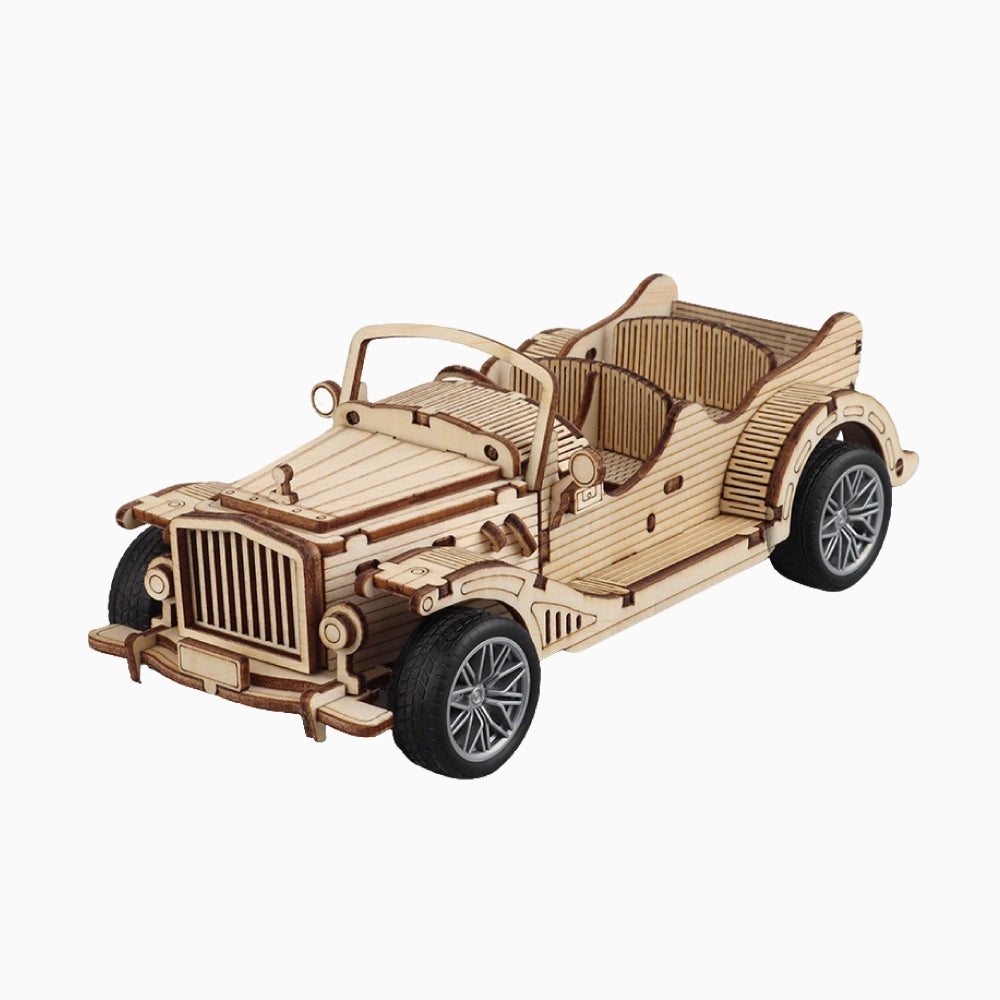 Studio shot of the assembled Dilruo vintage classic car 3D wooden puzzle model on a white background.