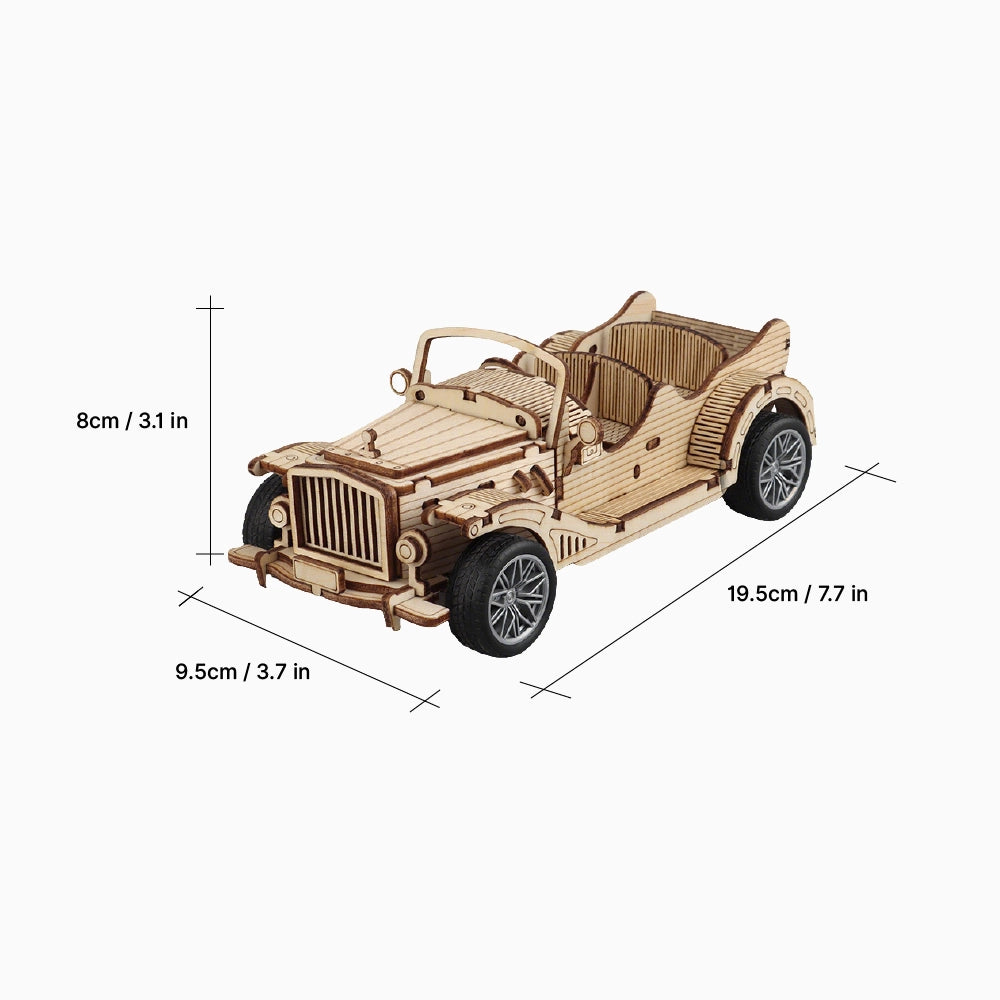 Dimensions of the assembled Dilruo vintage classic car 3D wooden puzzle: 19.5cm length, 9.5cm width, and 8cm height.