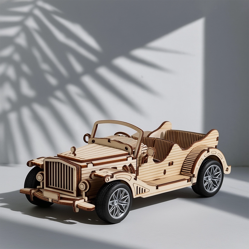 Assembled vintage classic car 3D wooden puzzle model for home decor.