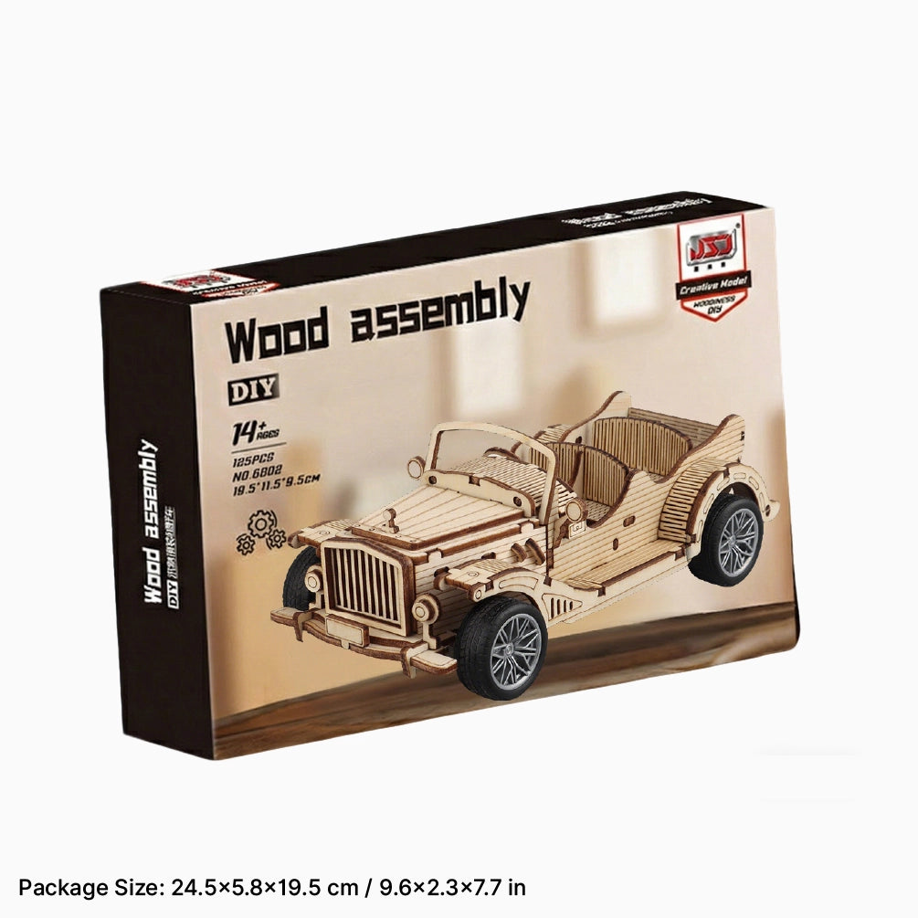 Dilruo vintage classic car 3D wooden puzzle retail packaging, 125-piece DIY model kit for ages 14+.