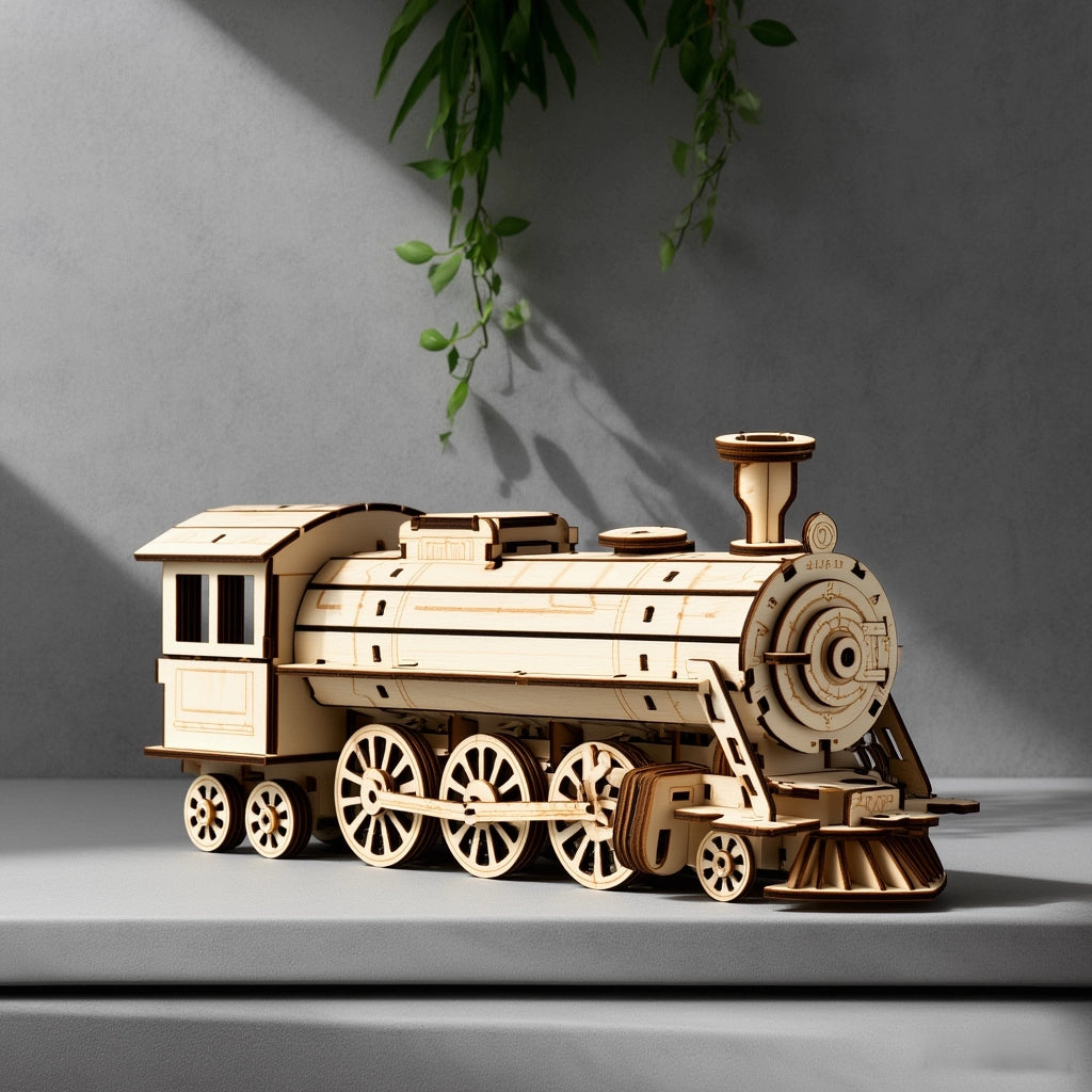 DIY wooden locomotive model displayed as aesthetic home office decoration