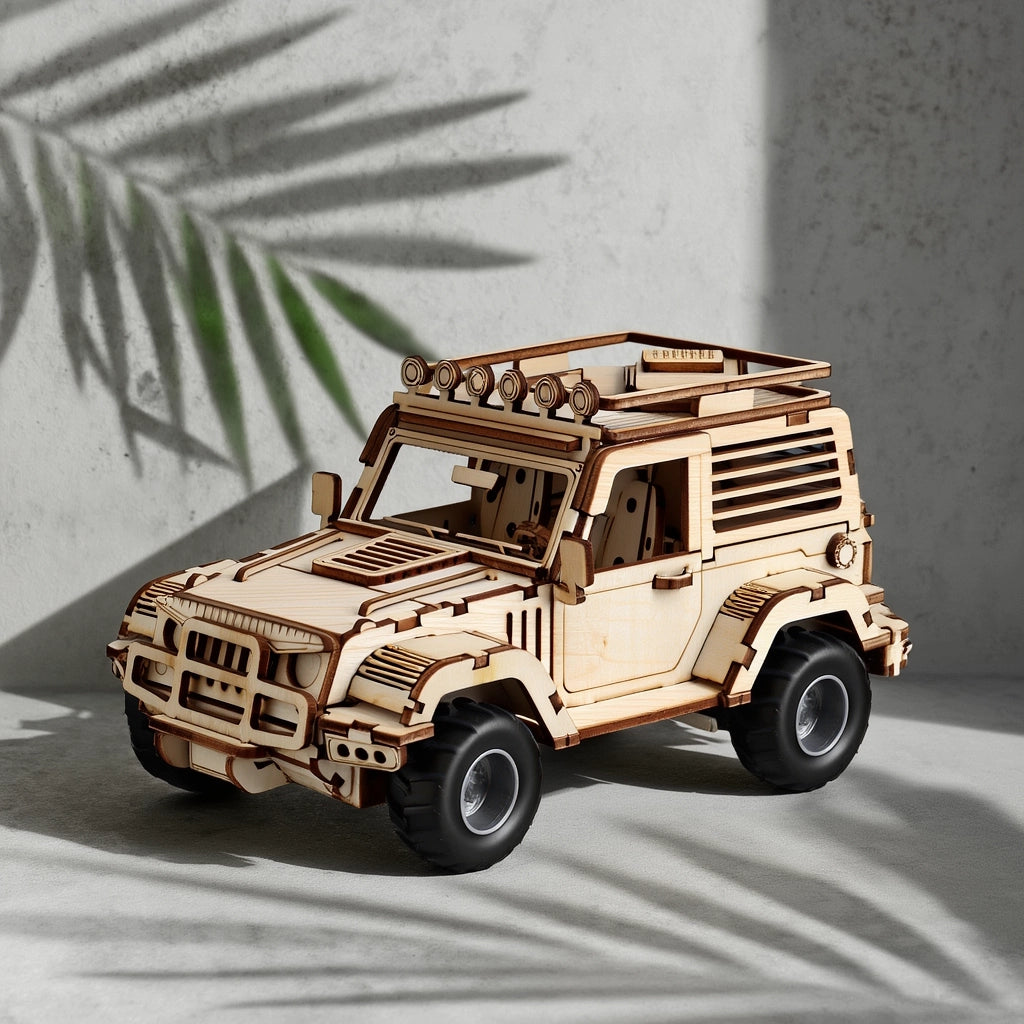 The assembled wooden off-road vehicle is placed indoors, bathed in sunlight and shaded by tree leaves, showcasing its effect as a creative home decoration ornament.