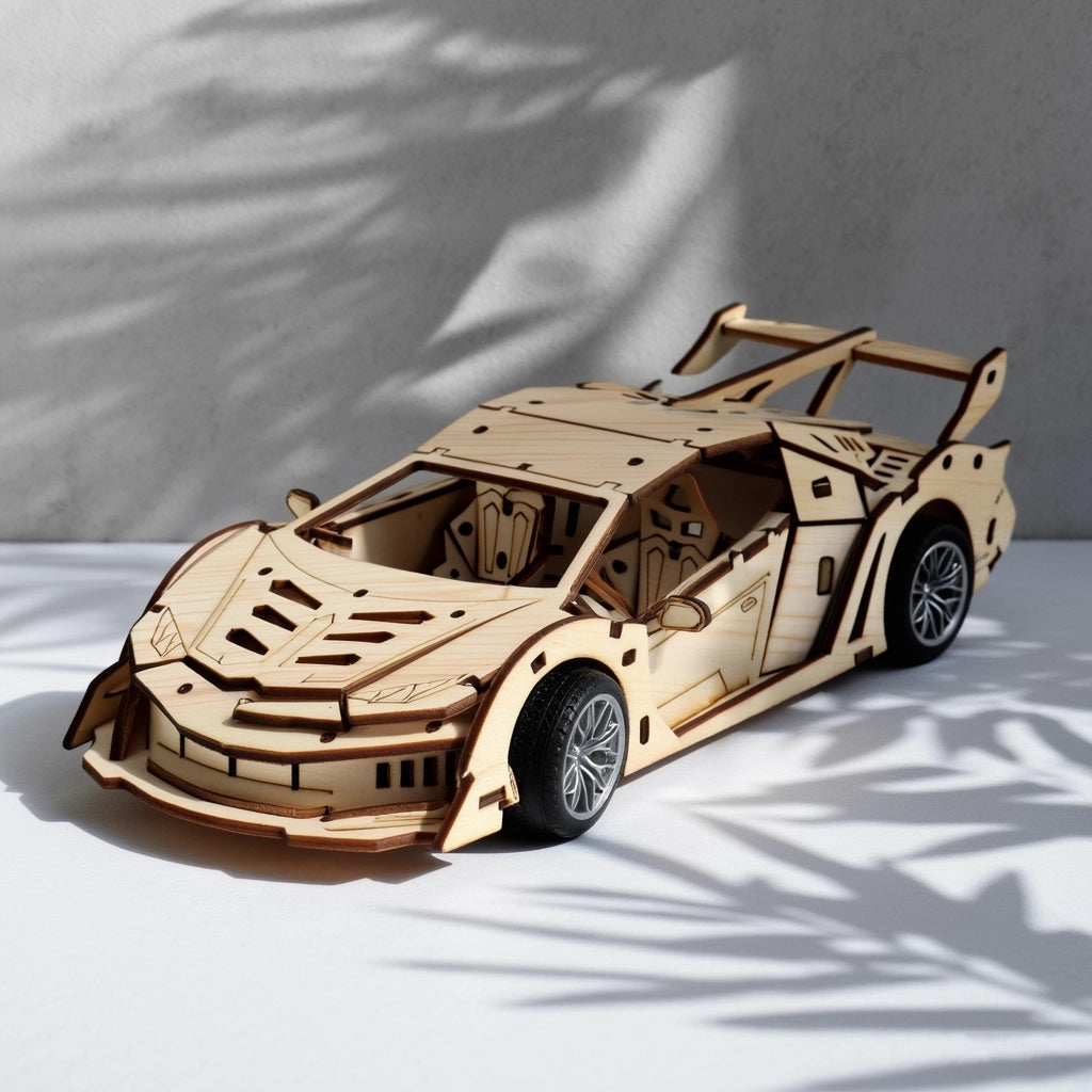 3D wooden supercar model displayed as a modern desk accessory with artistic shadows, perfect for home office shelf or desktop decoration.