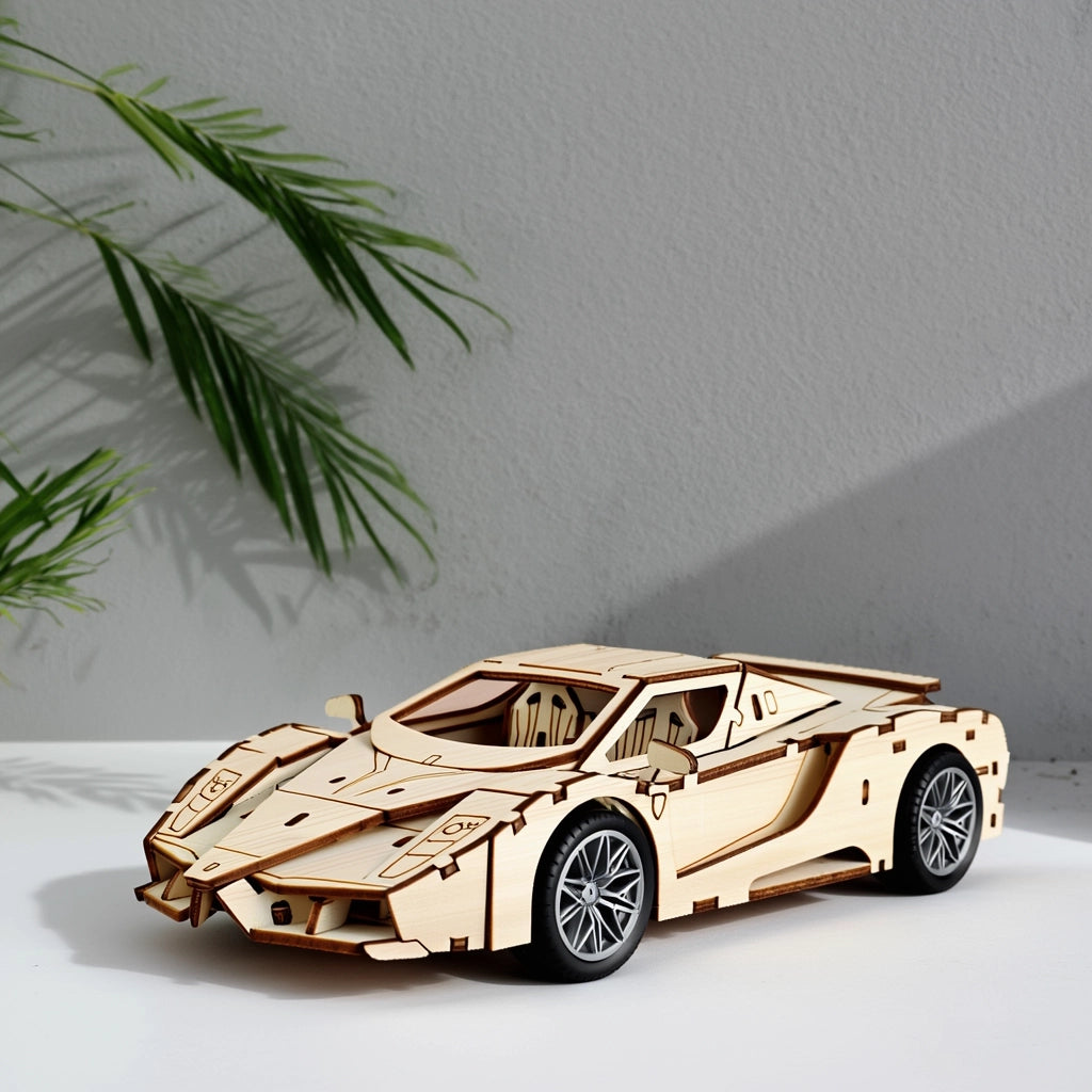 3D wooden supercar model displayed as a modern desk accessory with artistic shadows, perfect for home office shelf or desktop decoration.
